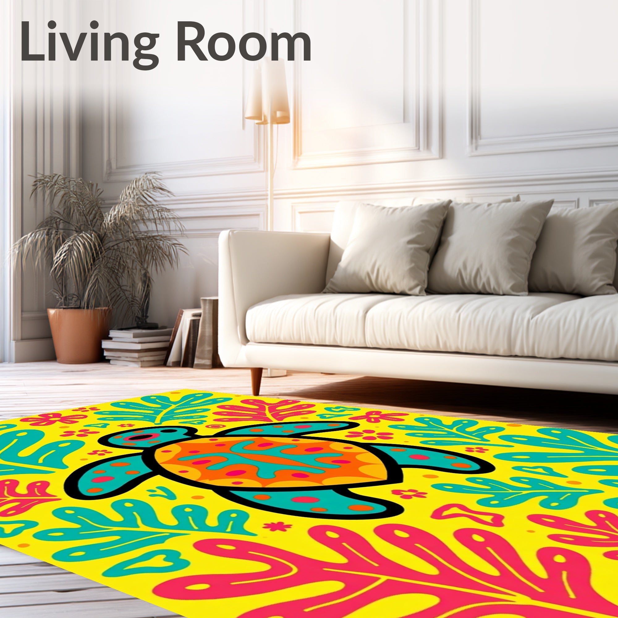 Vibrant Yellow Turtle Floral Art Rug