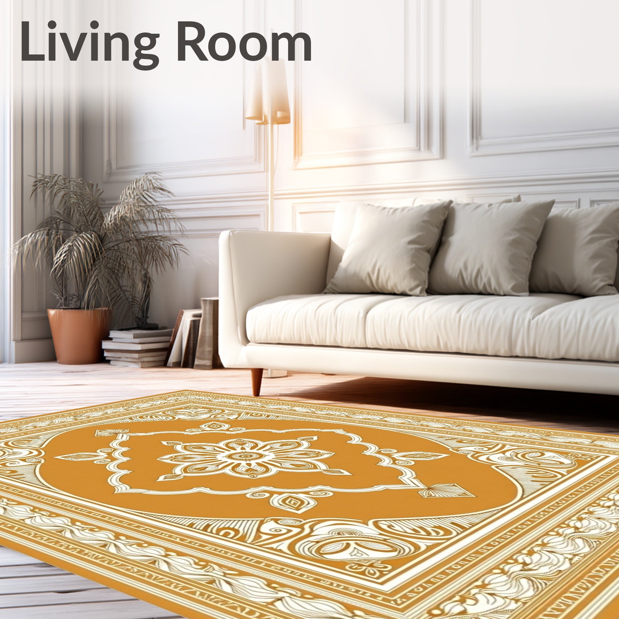 Golden Ochre Floral Medallion Border Rug
