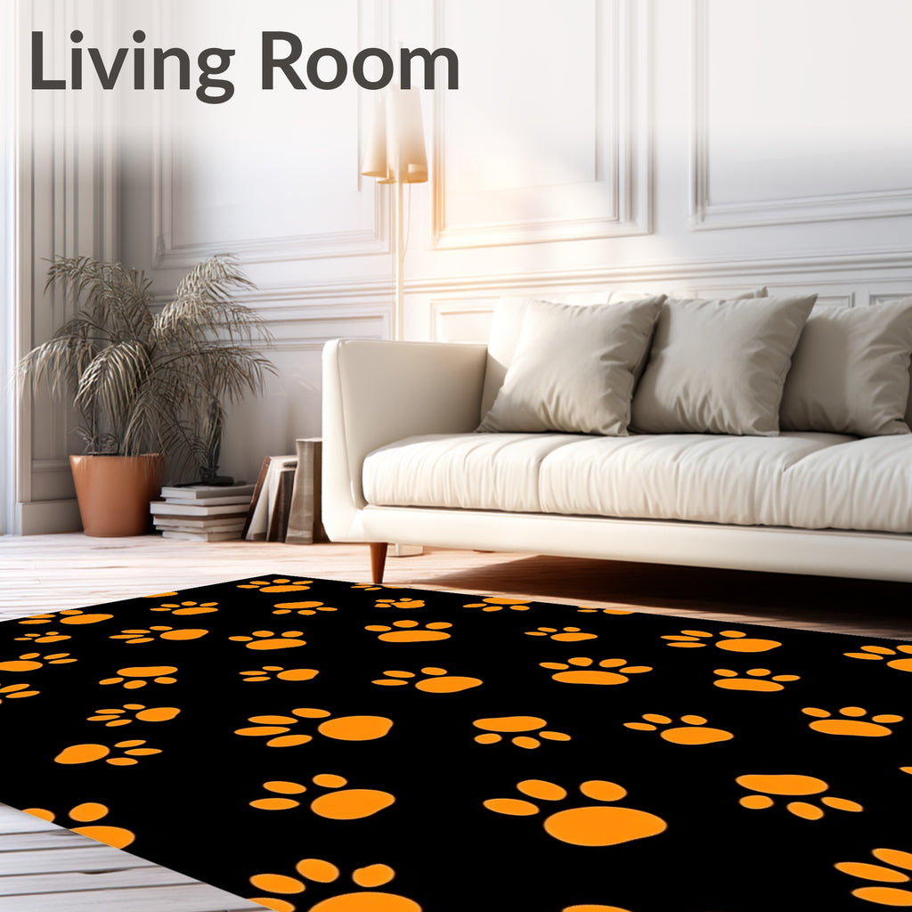 Orange Paw Prints on Black Background Rug
