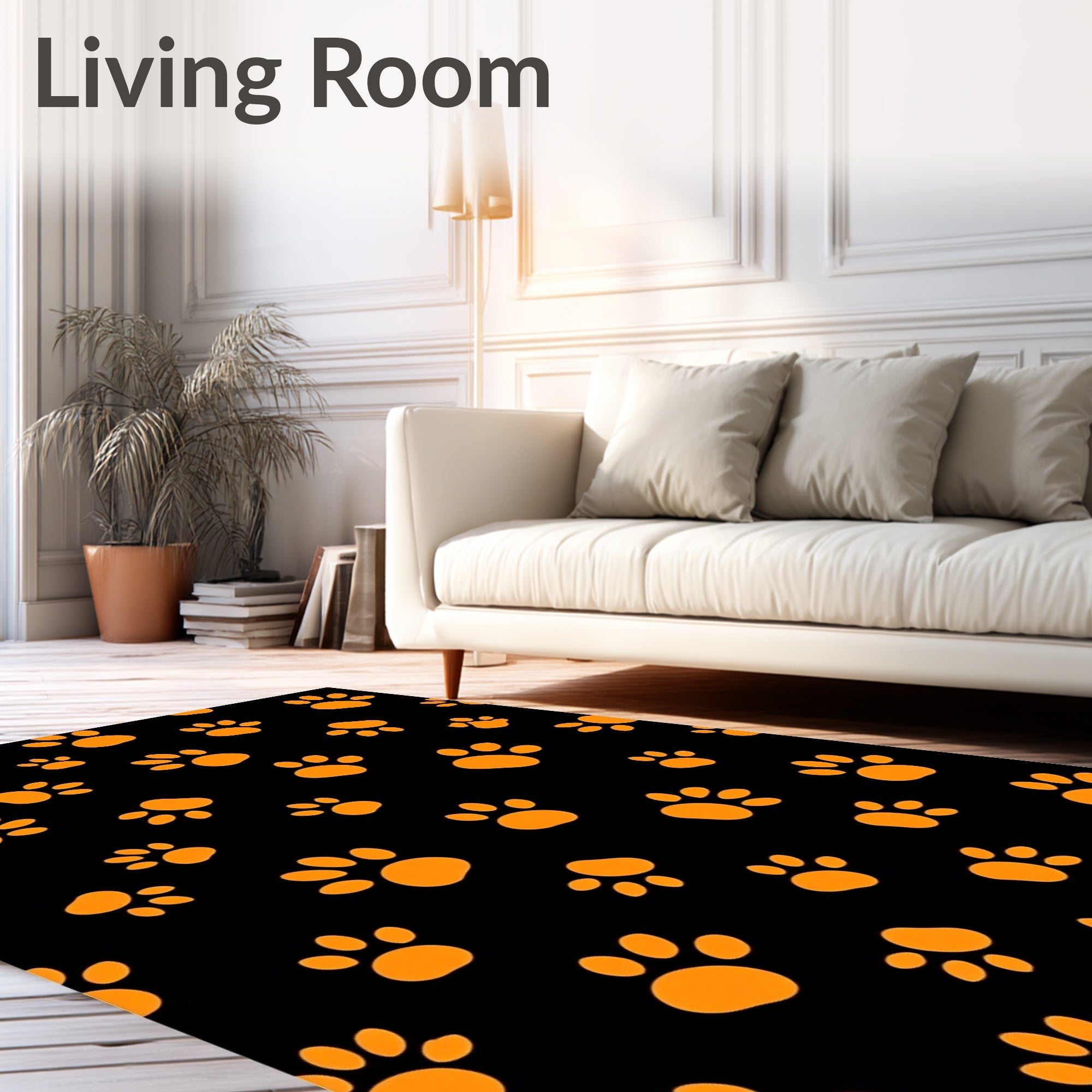 Orange Paw Prints on Black Background Rug