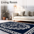 Deep Blue Oval Floral Border Rug