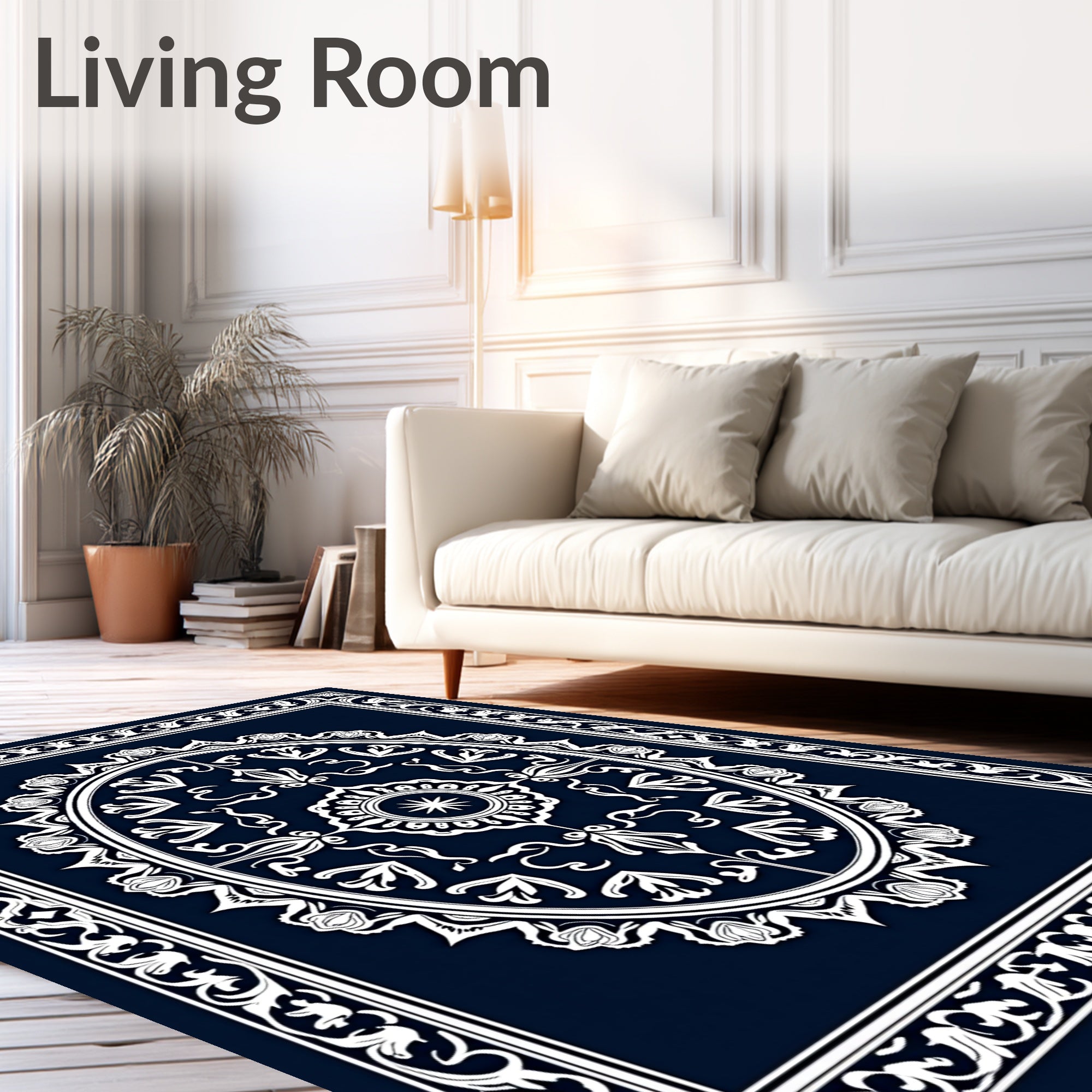Deep Blue Oval Floral Border Rug