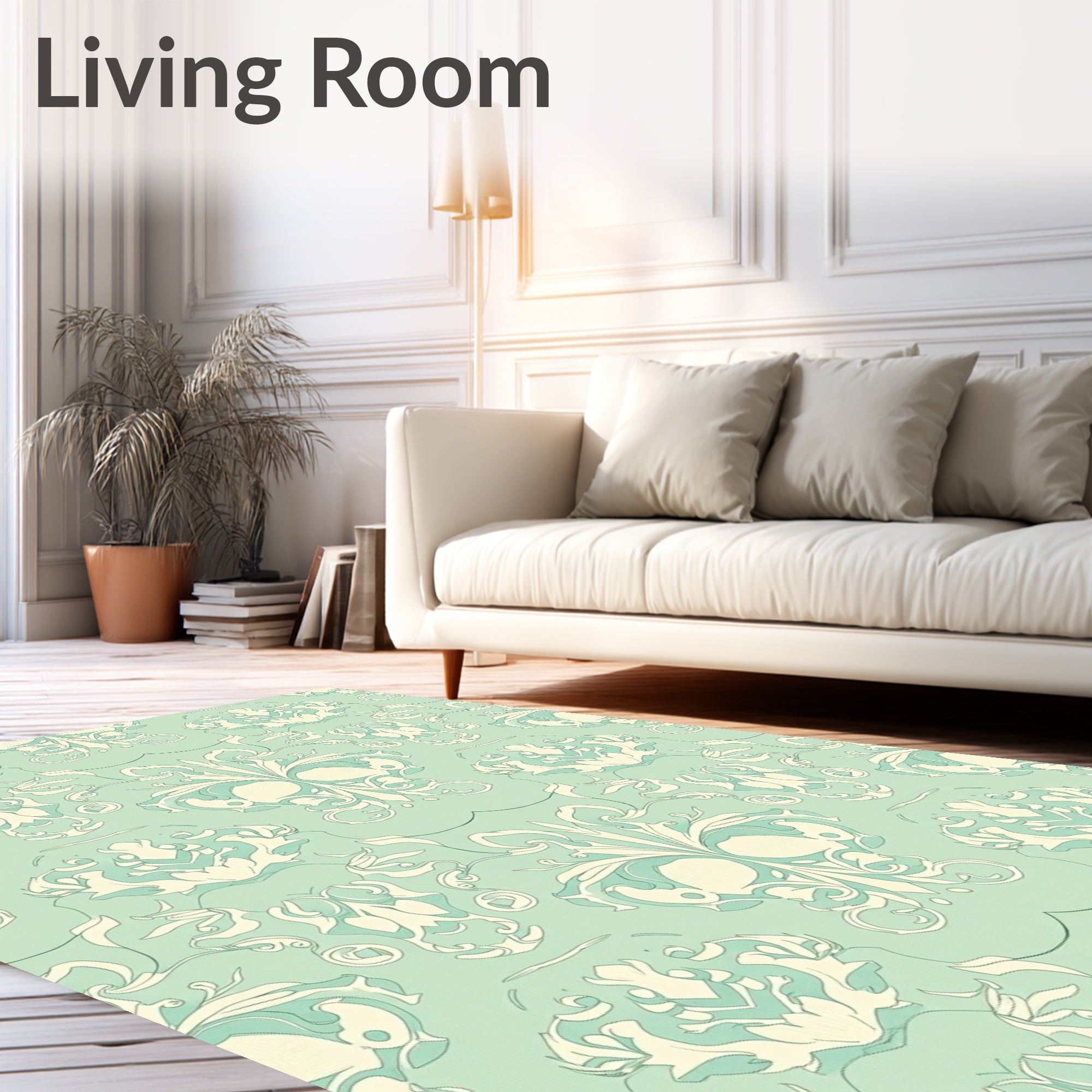 Calming Mint Cream Scrollwork Motif Rug