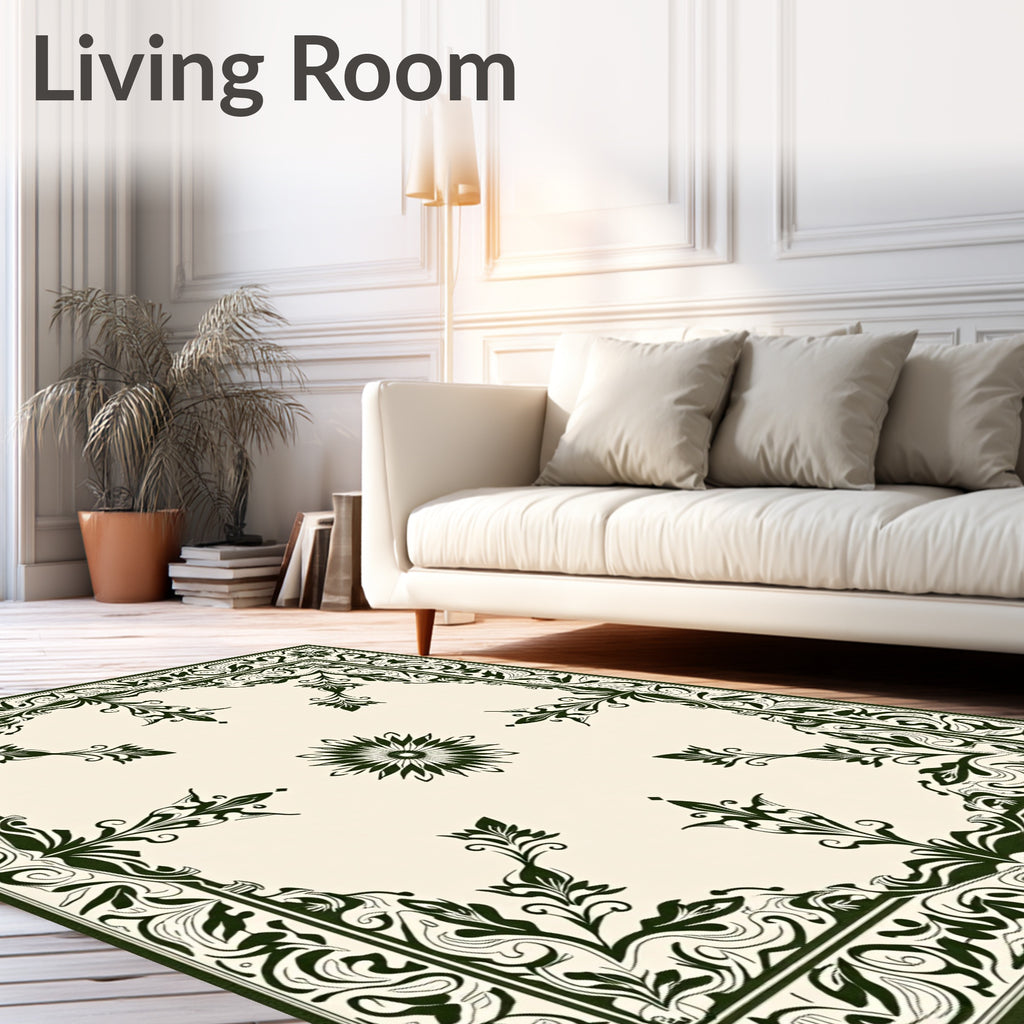 Ornate Emerald Floral Medallion Ivory Rug