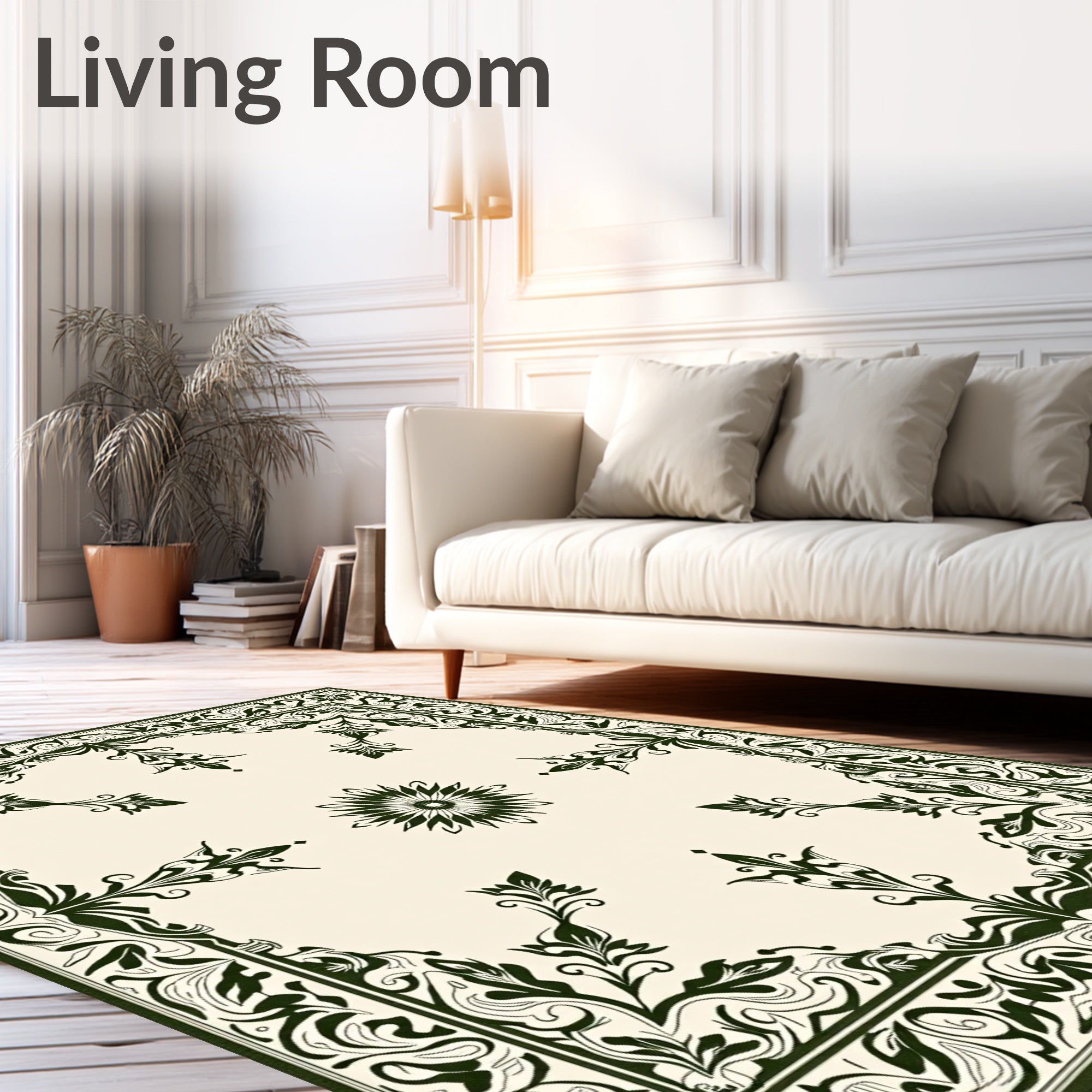 Ornate Emerald Floral Medallion Ivory Rug