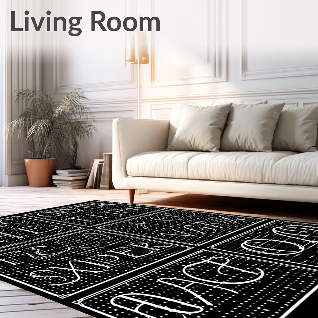 White Typography On Black Grid Rug