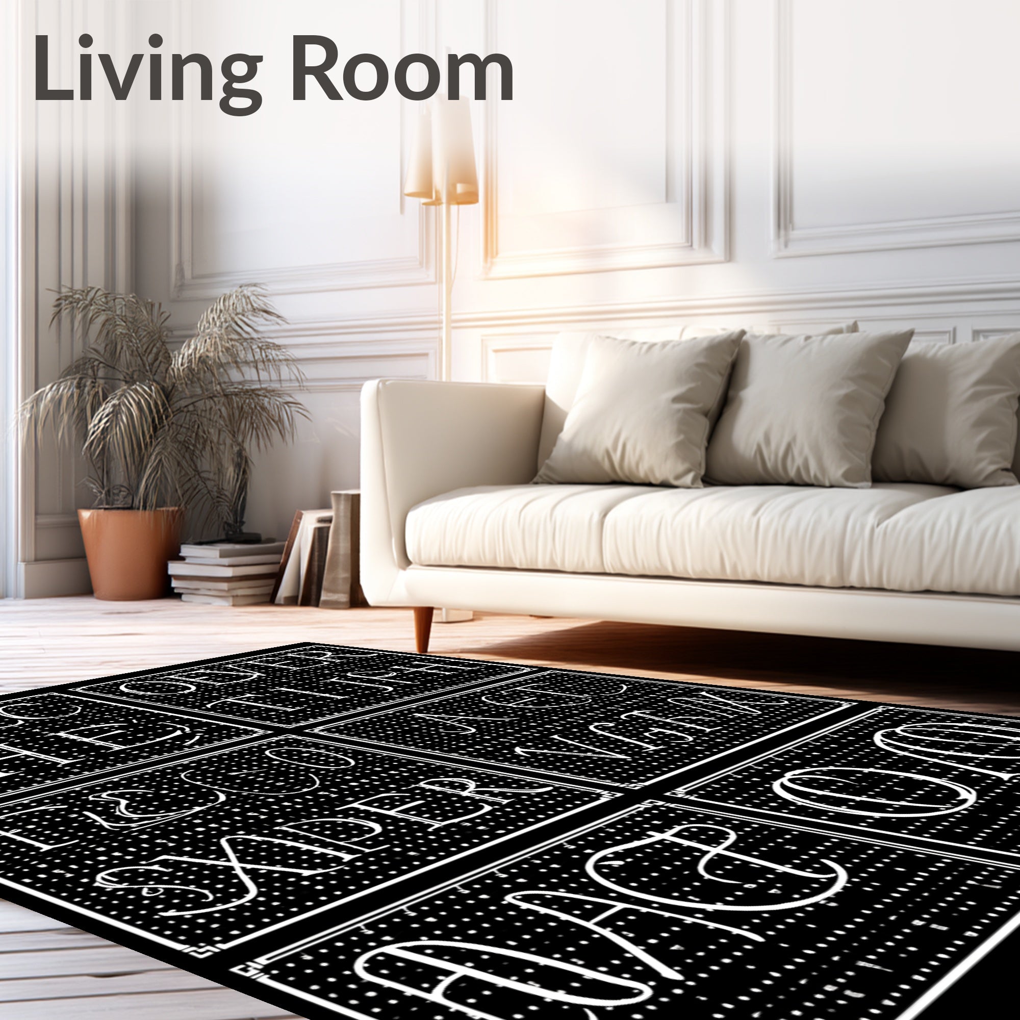 White Typography On Black Grid Rug