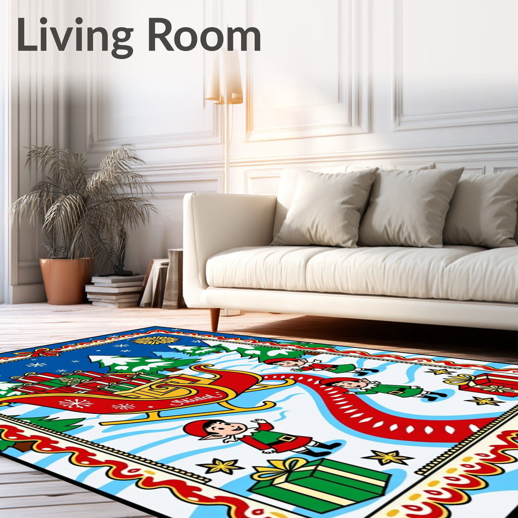 Jolly Christmas Scene with Elves and Sleigh Rug