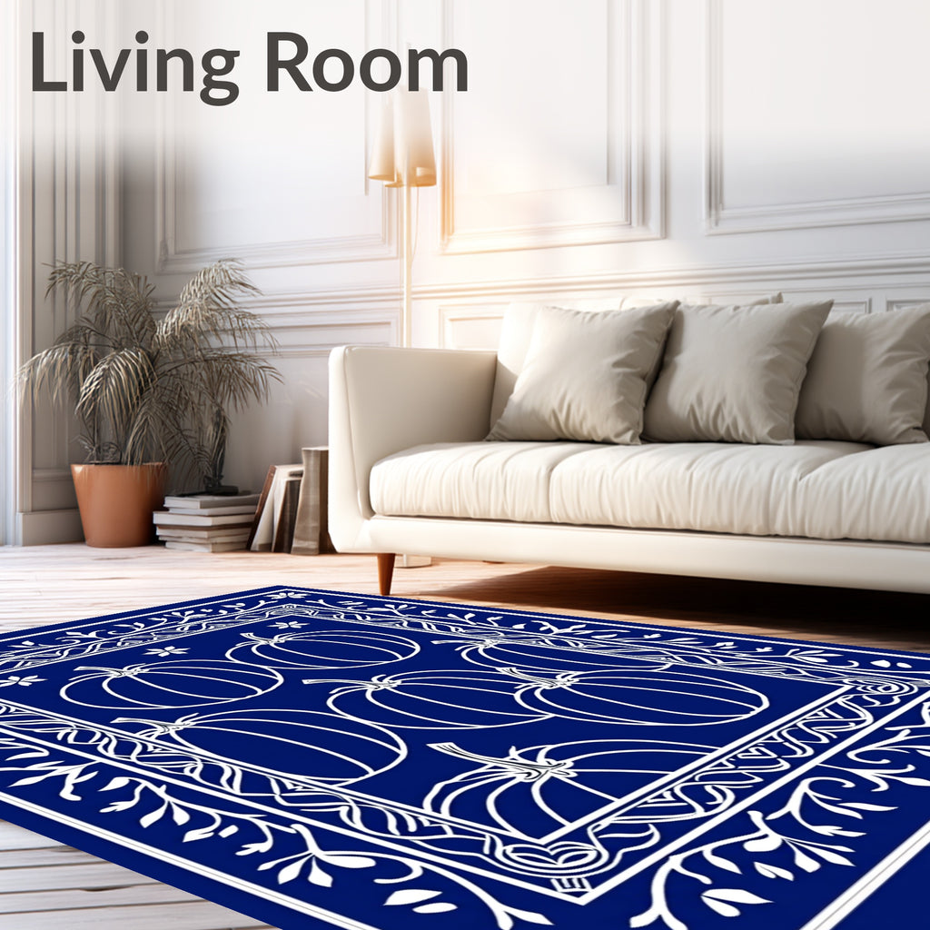 Royal Blue White Pumpkin Harvest Border Rug