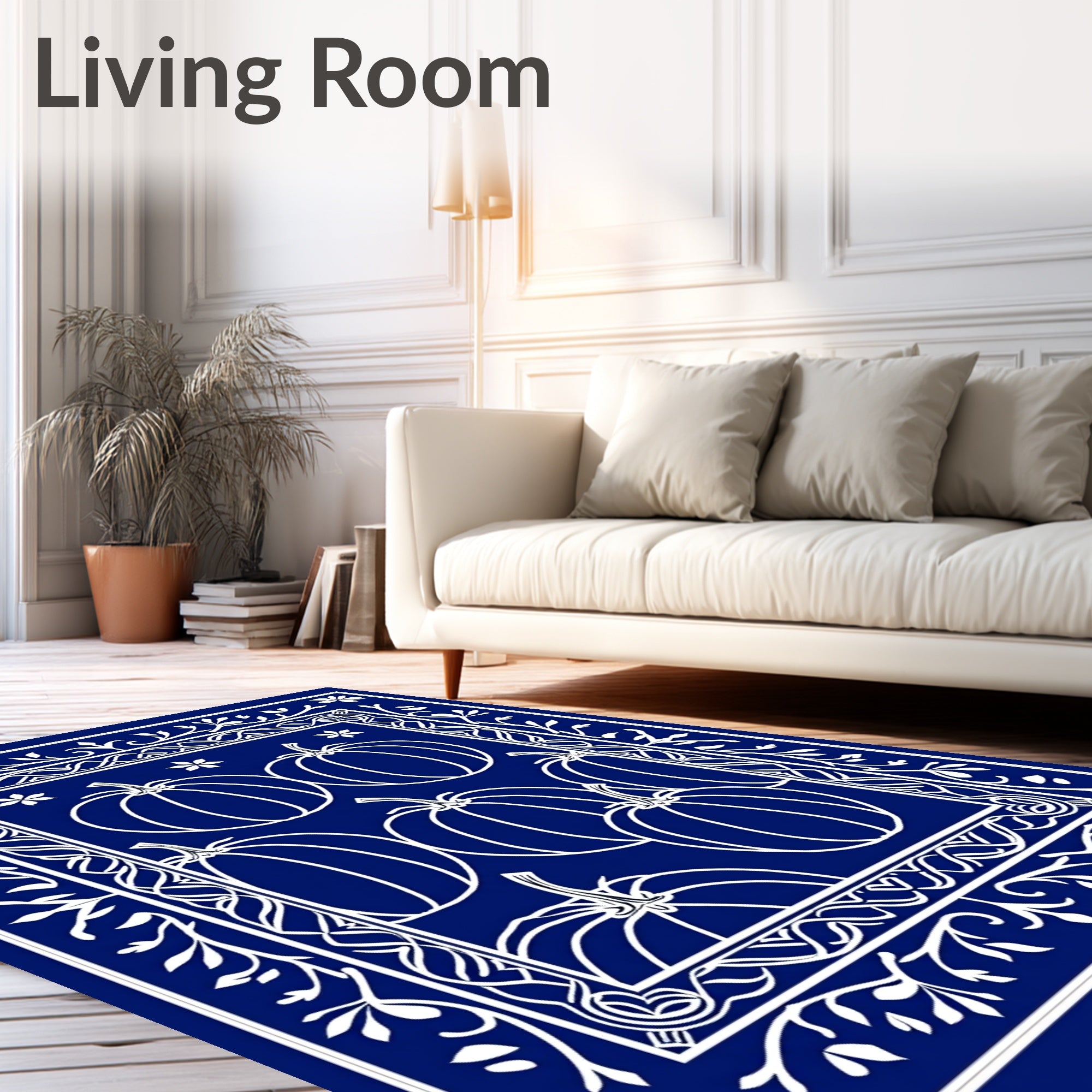 Royal Blue White Pumpkin Harvest Border Rug
