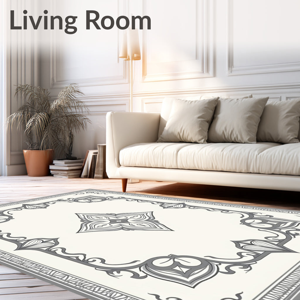 Ornate Gray Floral Scroll Frame Rug