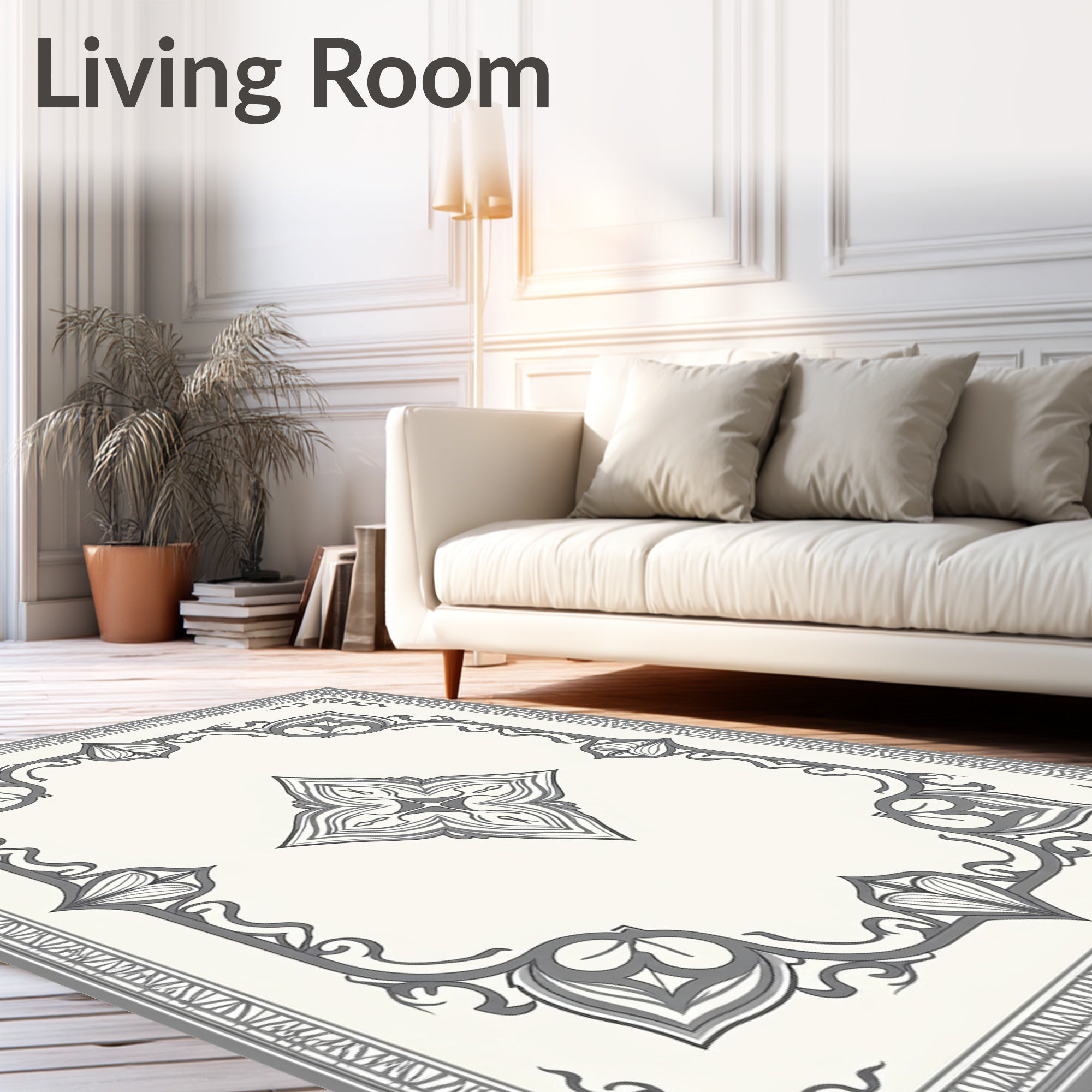 Ornate Gray Floral Scroll Frame Rug