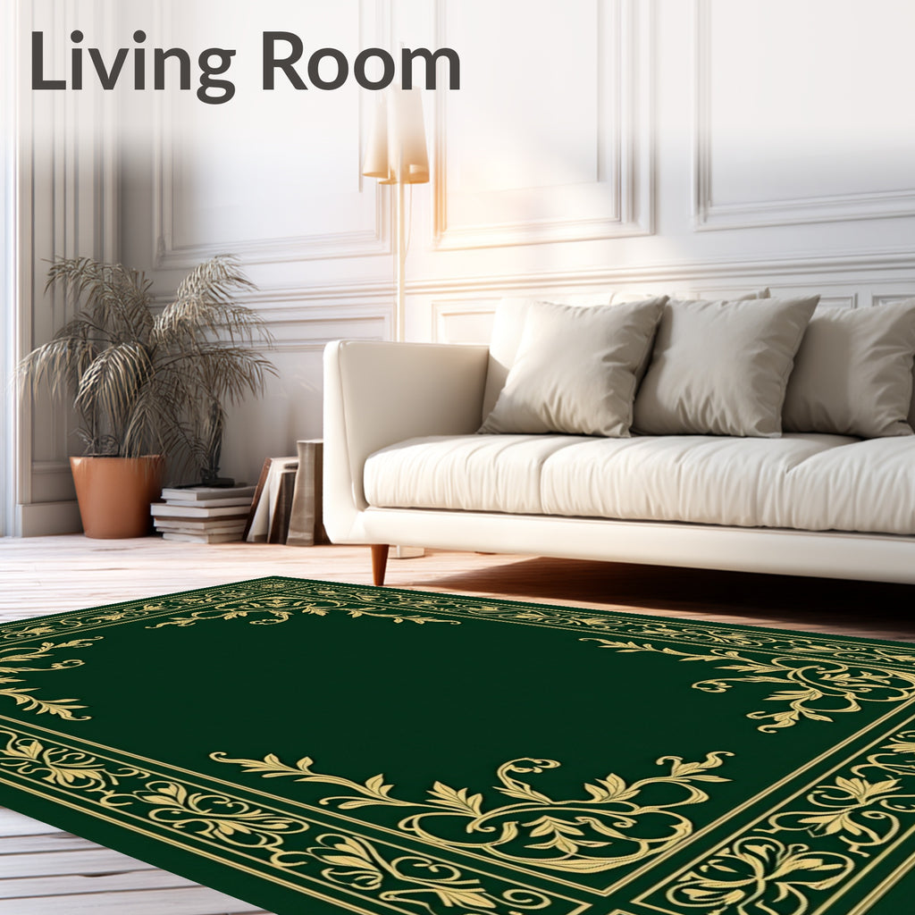 Elegant Gold Vine Border Emerald Green Rug