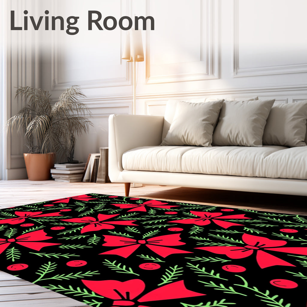 Red Festive Bows Evergreen Sprigs Rug