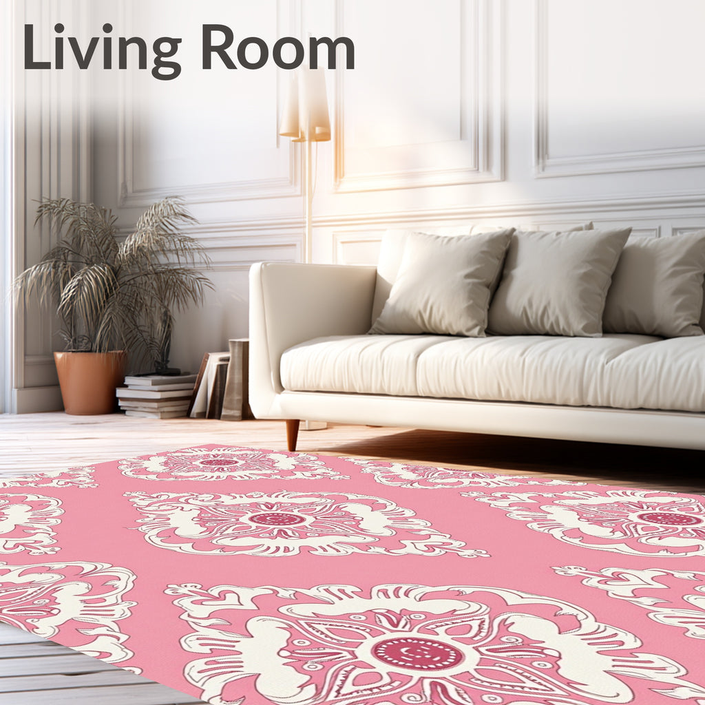 Pink Cream Floral Damask Medallion Rug