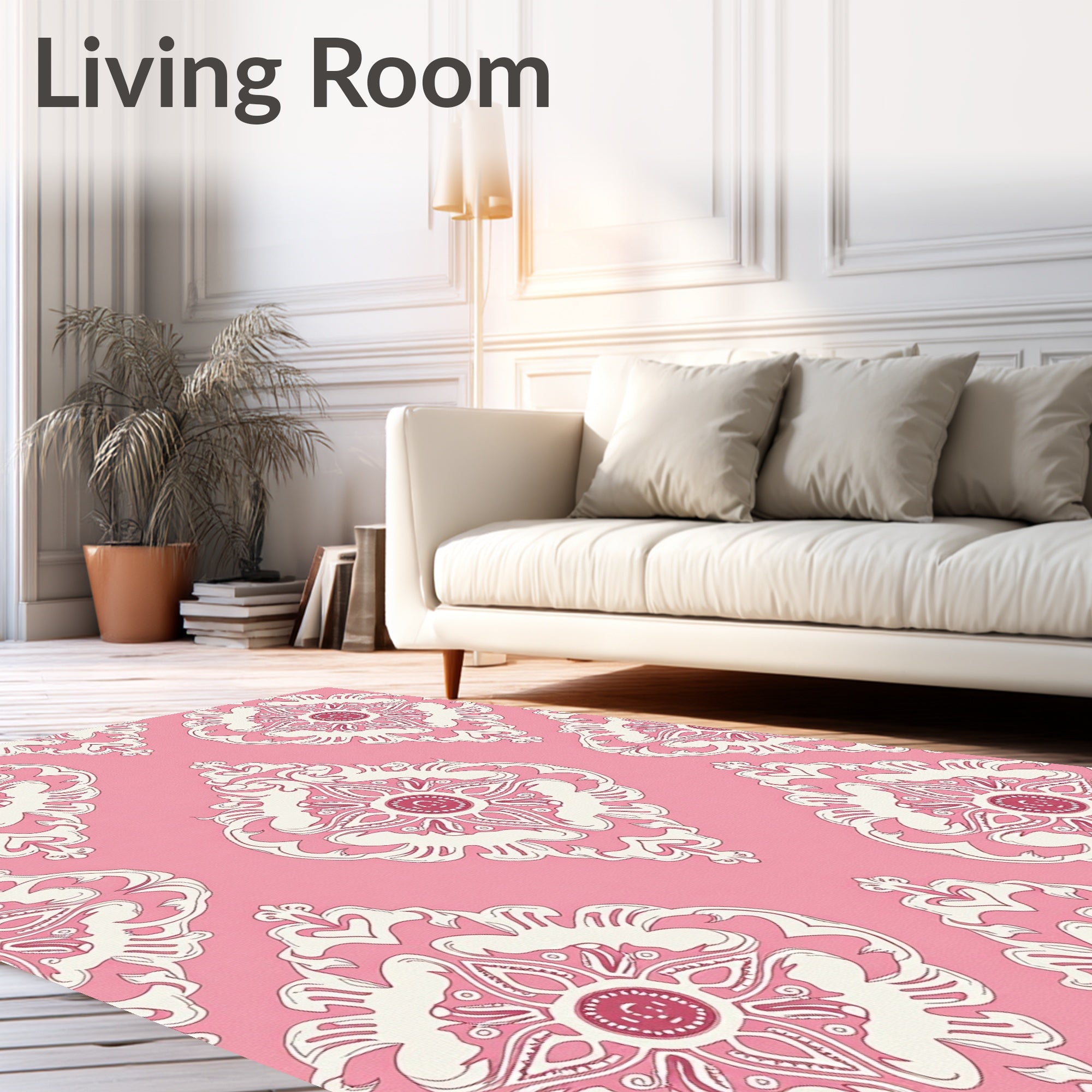 Pink Cream Floral Damask Medallion Rug