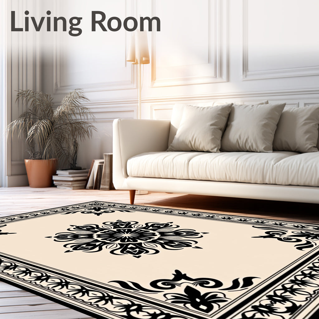 Ornate Black Cream Floral medallion Rug