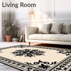 Ornate Black Cream Floral medallion Rug