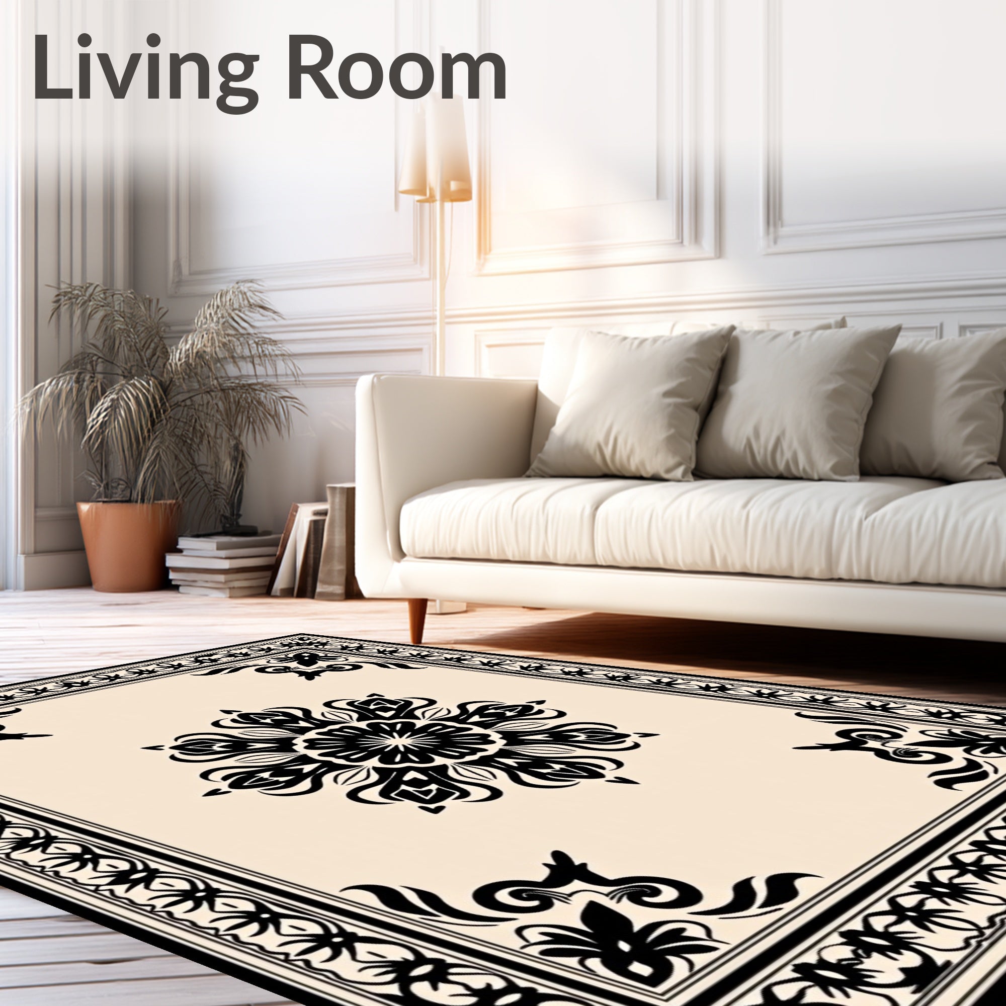 Ornate Black Cream Floral medallion Rug
