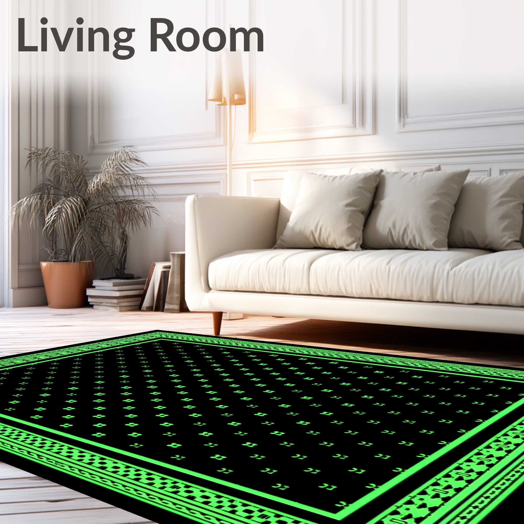 Black Neon Green Repeating Clover Medallion Rug