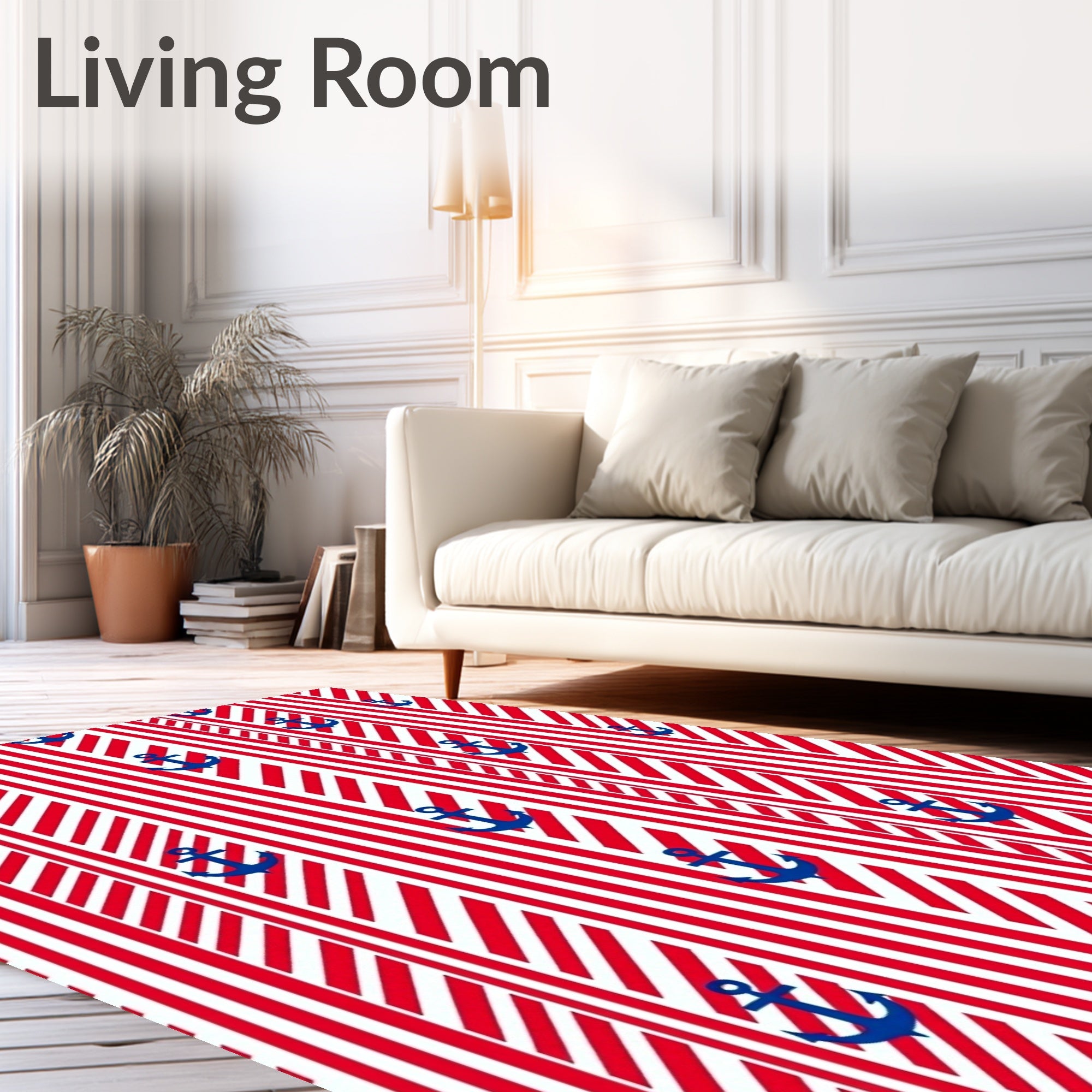 Nautical Red White Anchor Stripe Rug