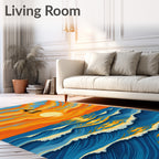 Orange Sunset Pagoda Ocean Waves Rug