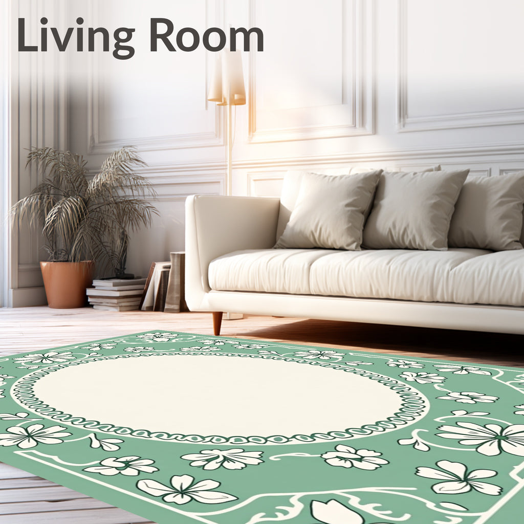 Sage Green Floral Border Medallion Rug