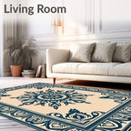Navy Blue Floral Medallion Border Rug