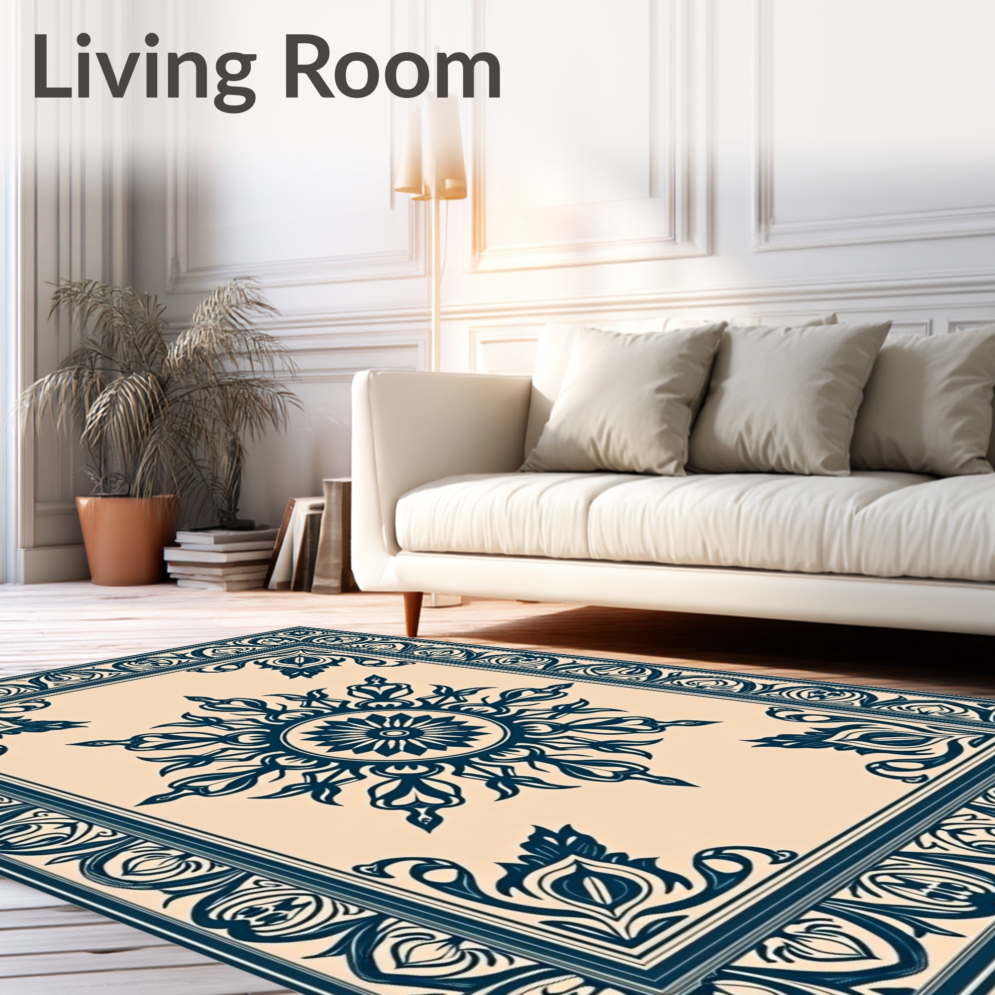 Navy Blue Floral Medallion Border Rug