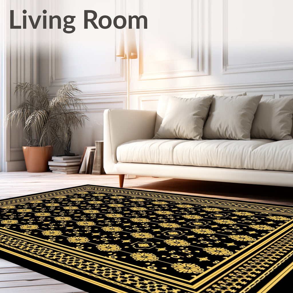 Ornate Gold Floral Black Border Rug