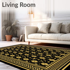 Ornate Gold Floral Black Border Rug