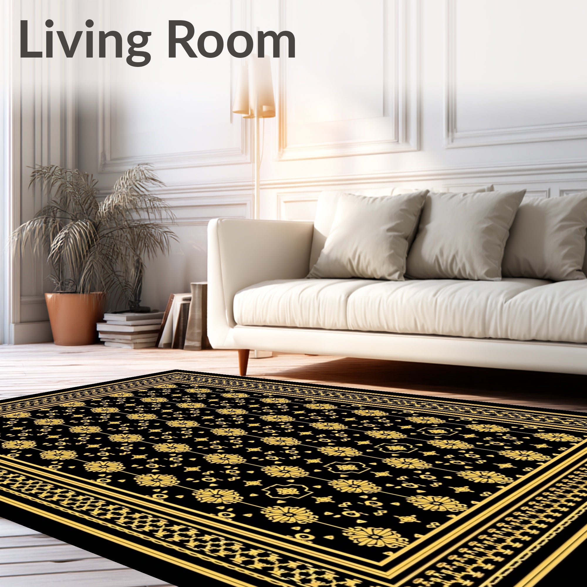 Ornate Gold Floral Black Border Rug