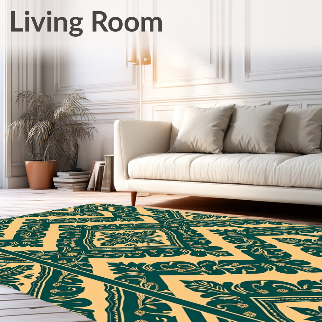Teal Yellow Damask Medallion Arrangement Rug