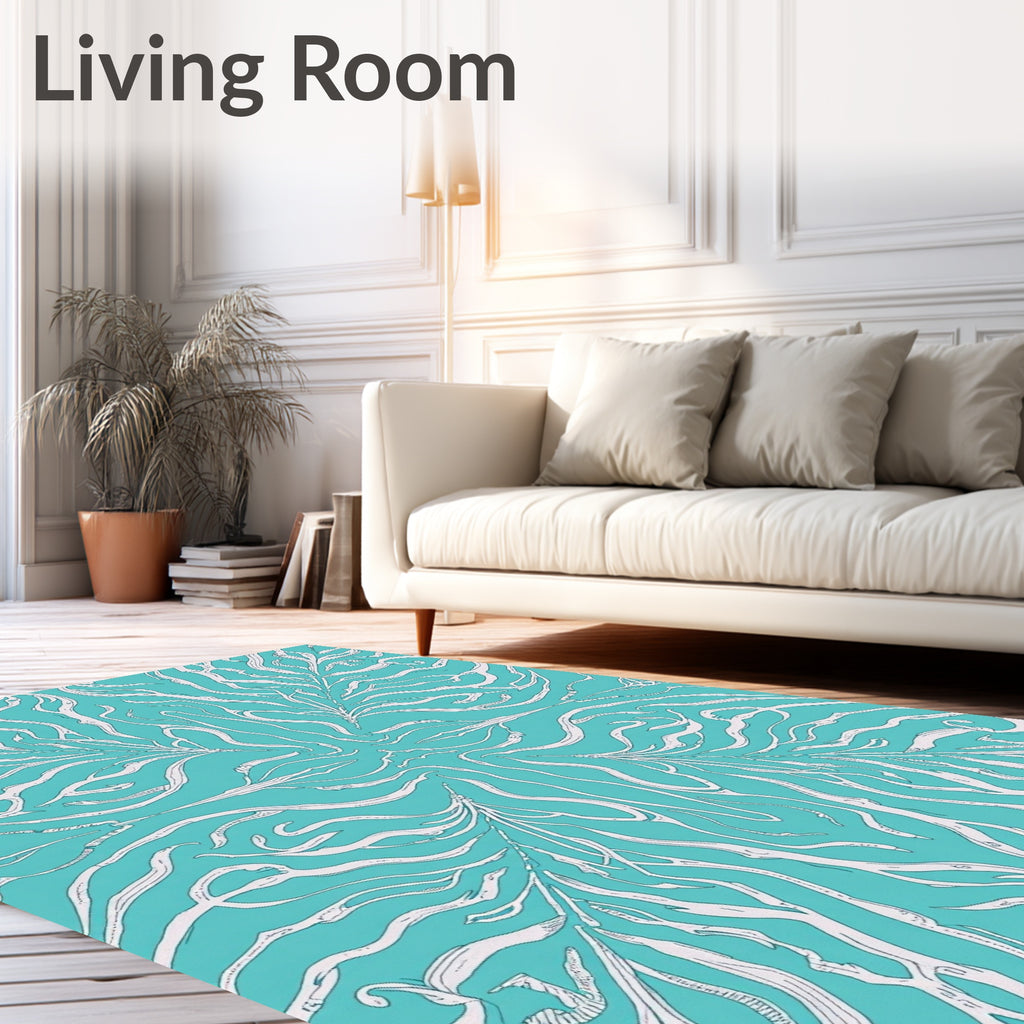 Teal White Organic Swirl Abstract Rug