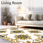 Intricate Gold Blue Floral Medallion Frame Rug