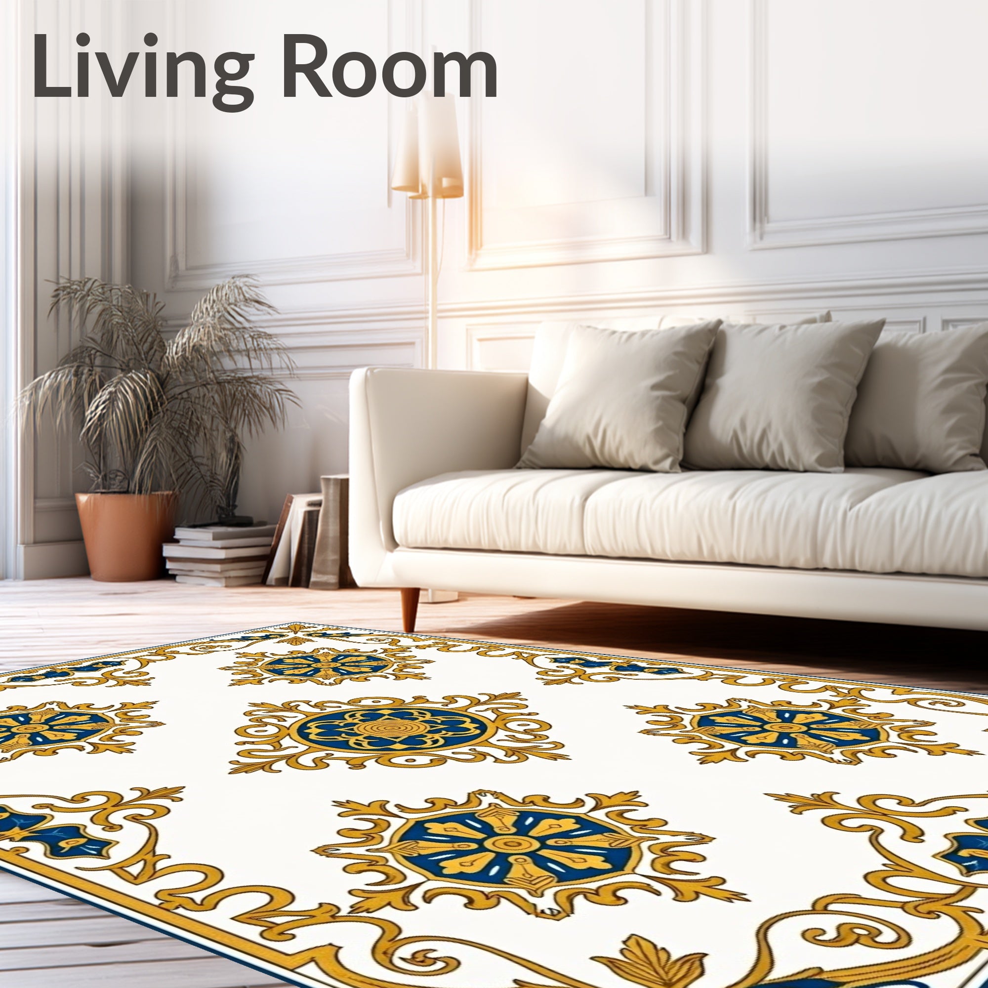 Intricate Gold Blue Floral Medallion Frame Rug