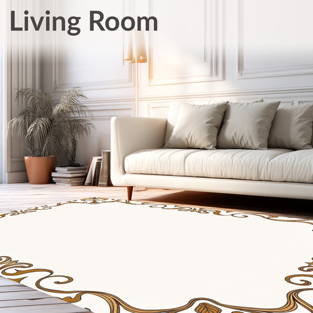 Ornate Golden Floral Scrollwork Border Rug