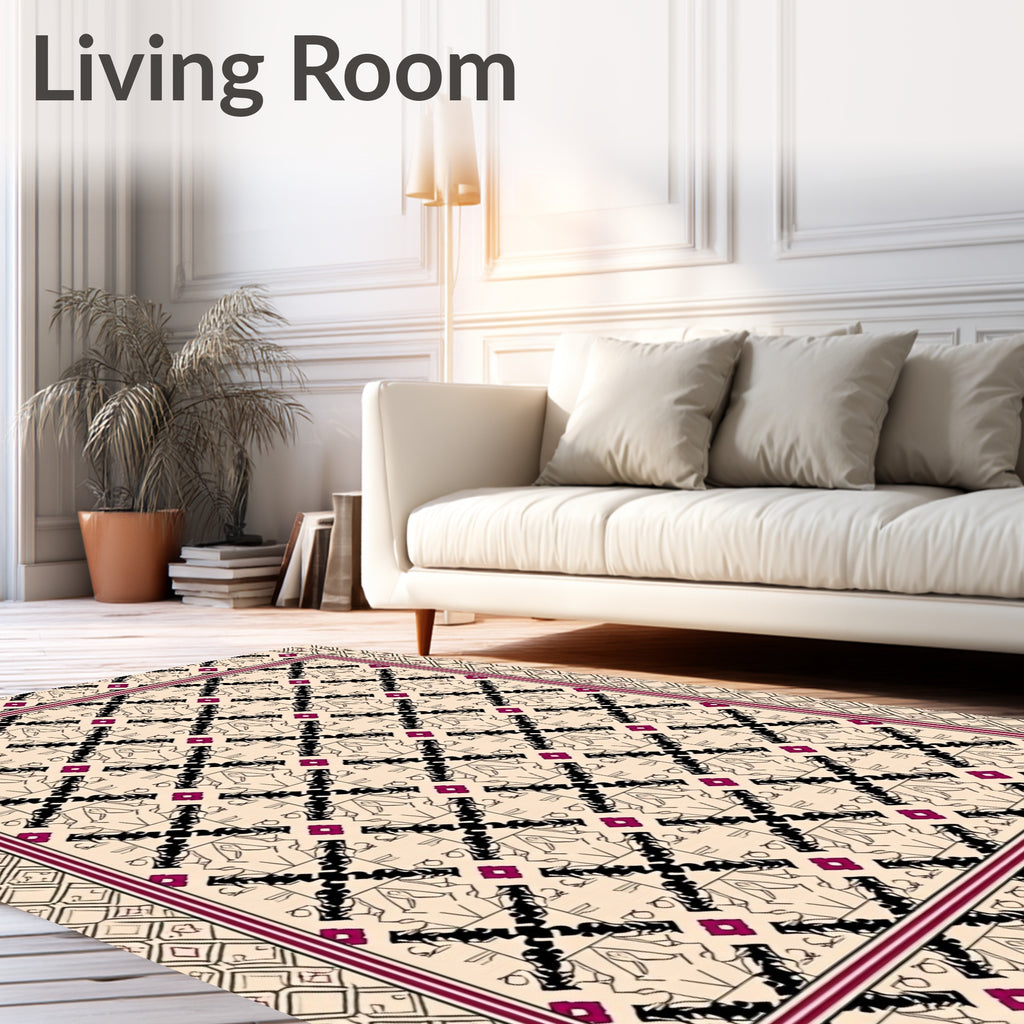 Cream Black Red Diamond Medallion Rug