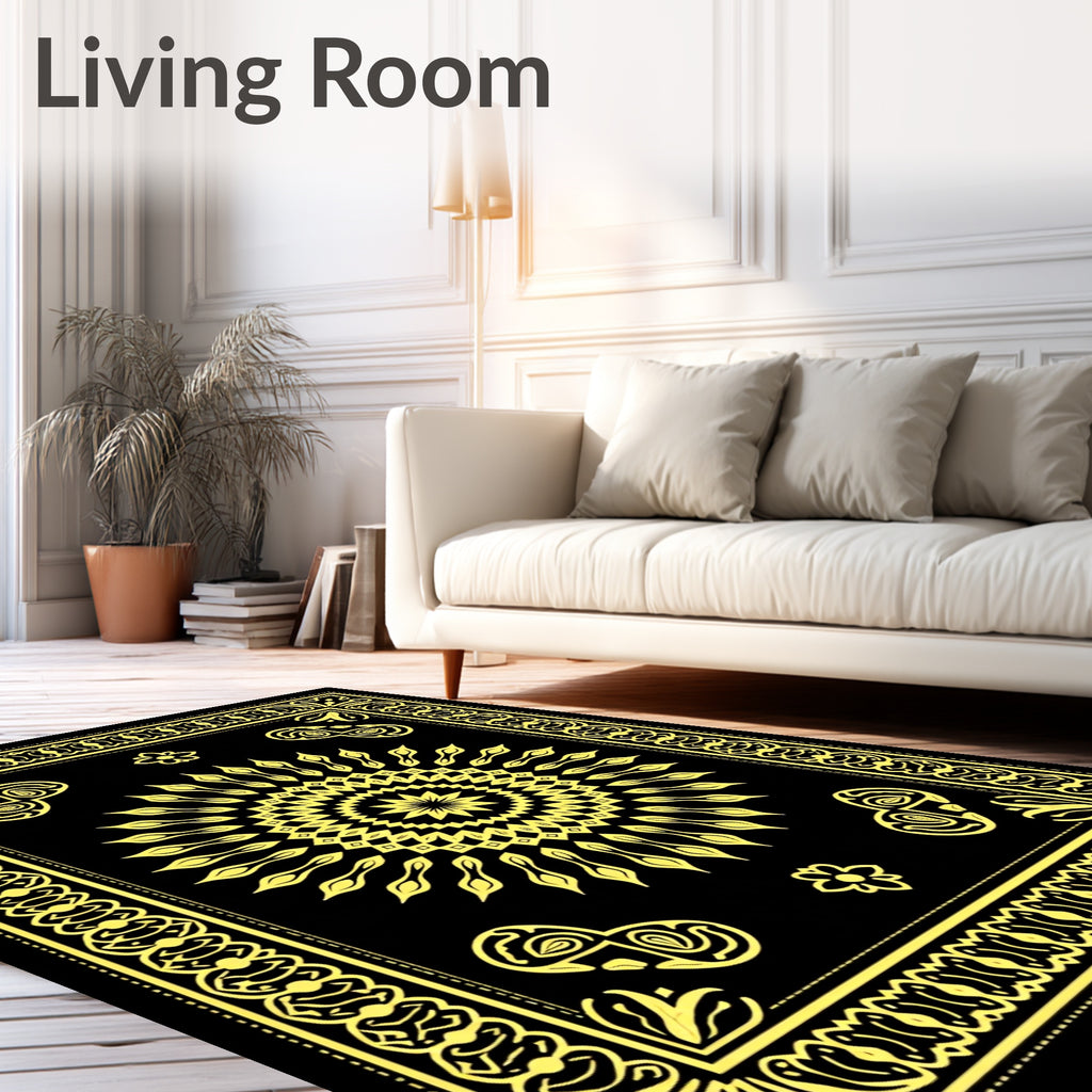 Bold Yellow Sunburst Mandala Border Rug