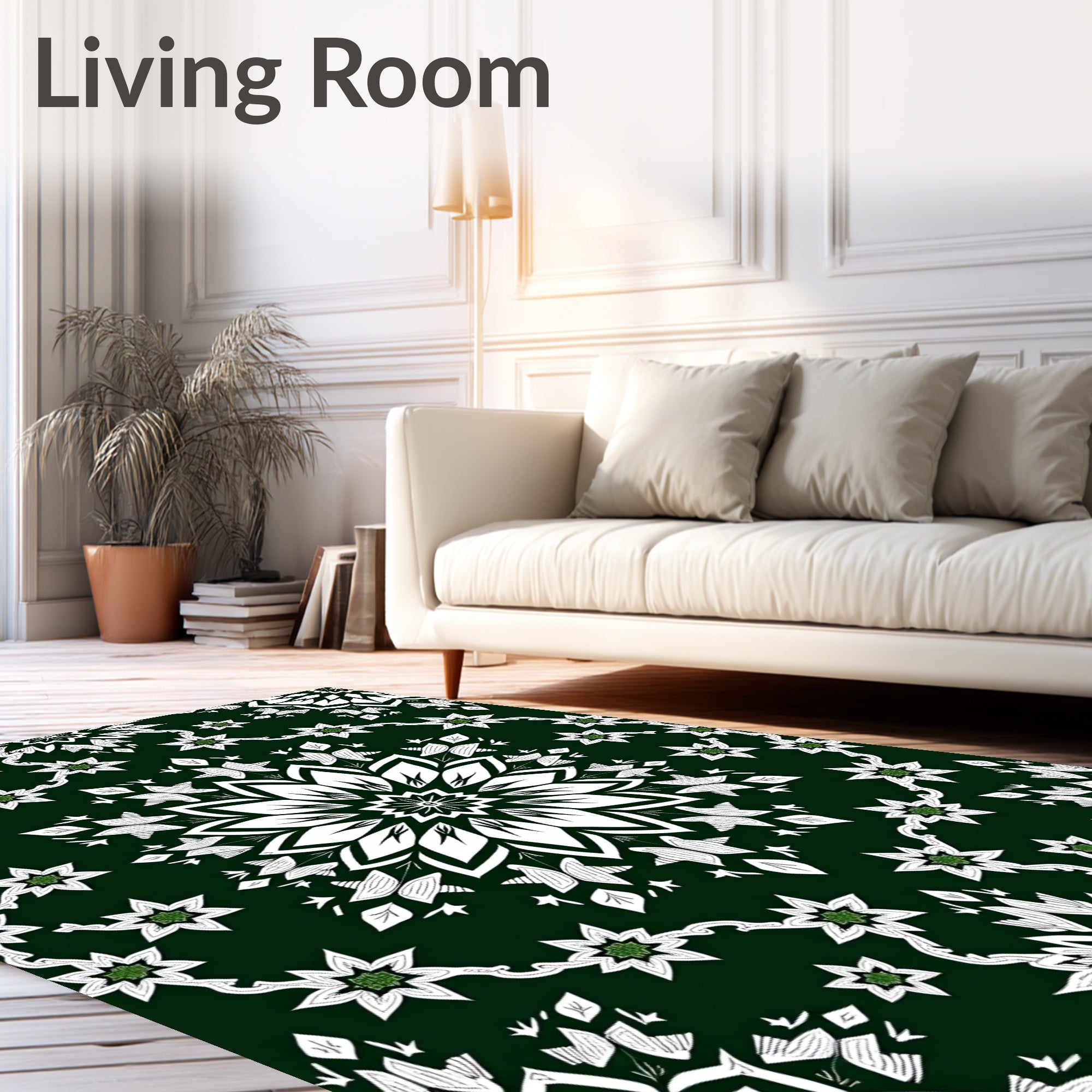 Deep Emerald Green Floral Mandala Rug