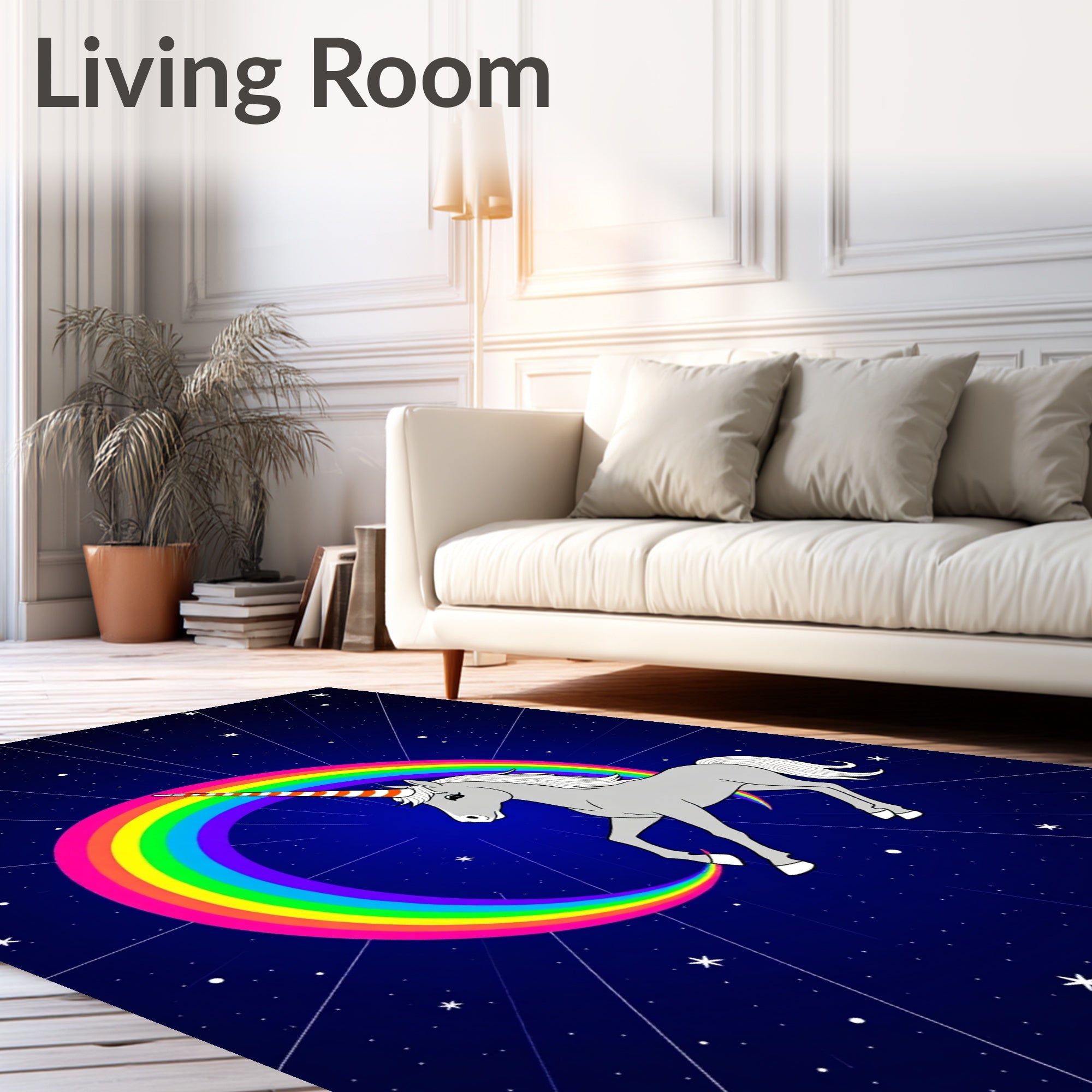 Whimsical Gray Unicorn Rainbow Cosmos Starry Rug