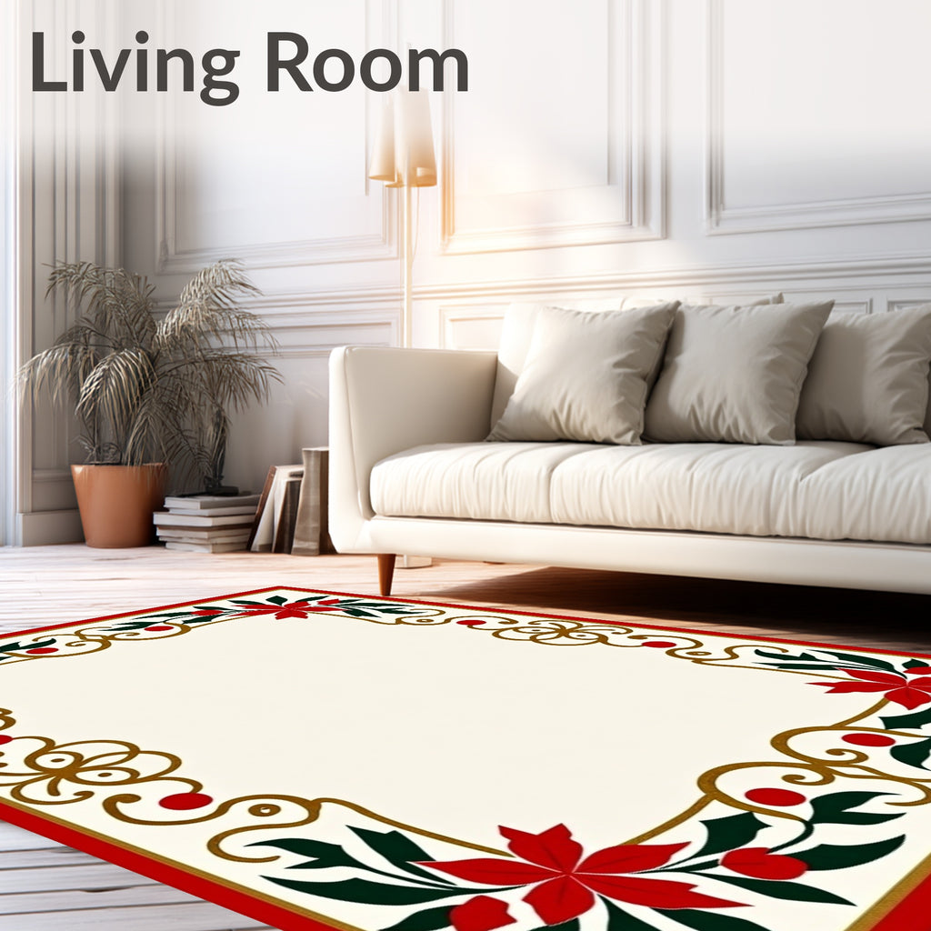 Crimson Red Floral Holly Border Rug