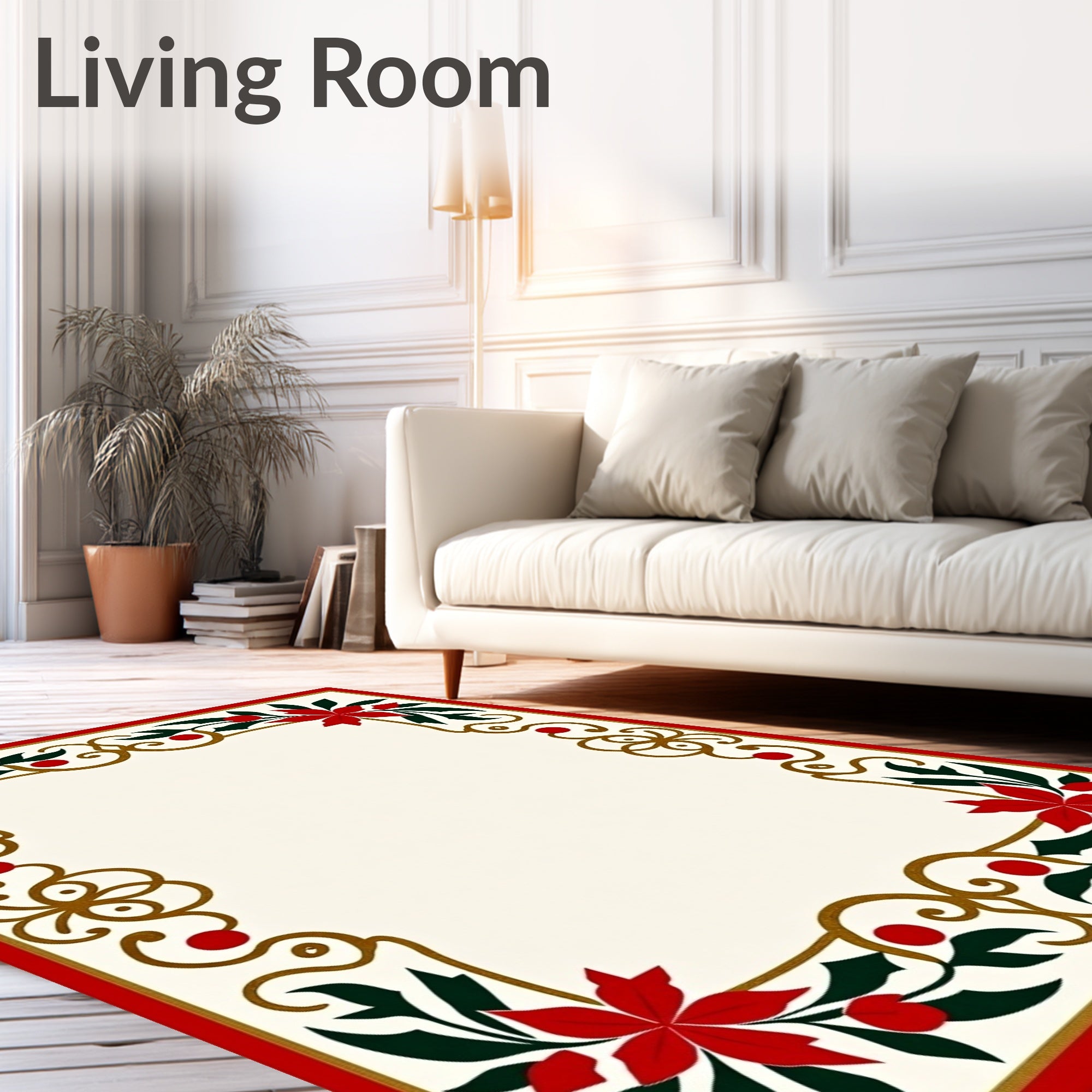 Crimson Red Floral Holly Border Rug