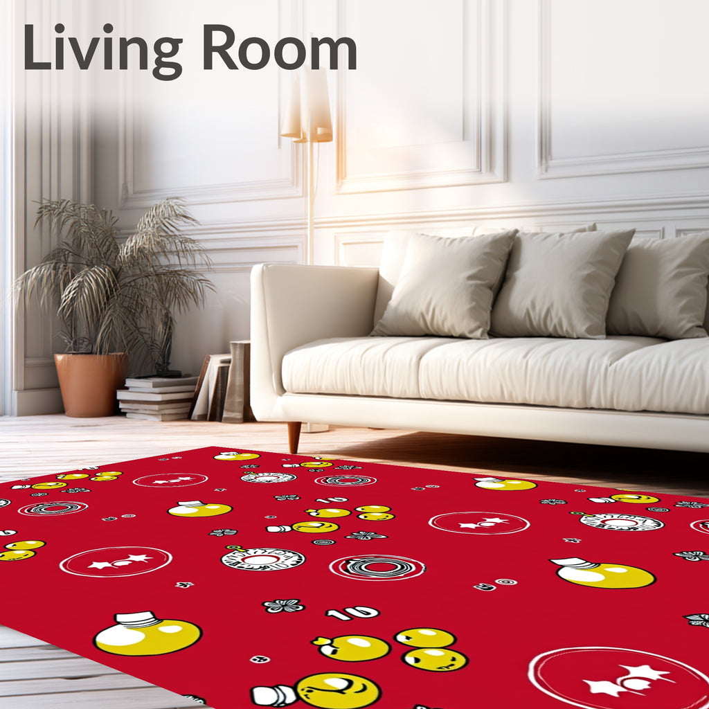 Vibrant Yellow Bubbles Red Background Rug