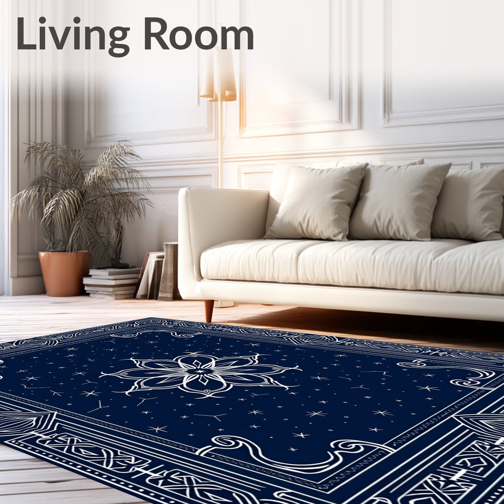 Deep Blue Celestial Star Floral Rug