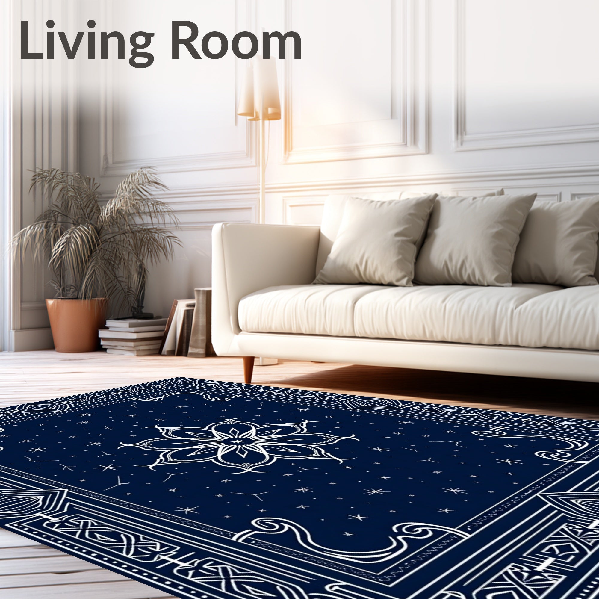 Deep Blue Celestial Star Floral Rug
