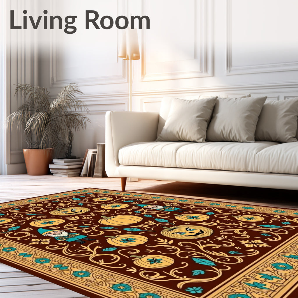 Spooky Pumpkin Gnome Autumn Scrollwork Rug