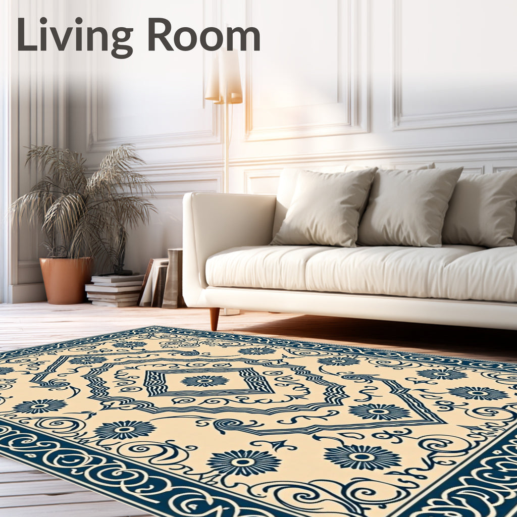 Navy Blue Floral Medallion Cream Rug