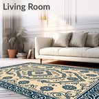 Navy Blue Floral Medallion Cream Rug