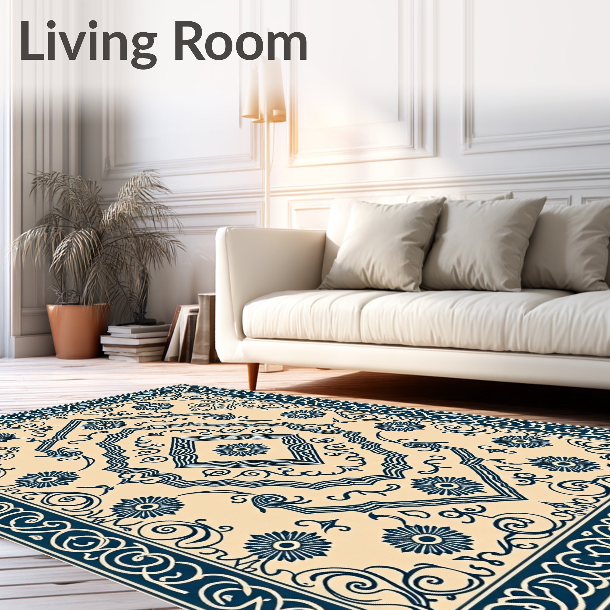 Navy Blue Floral Medallion Cream Rug